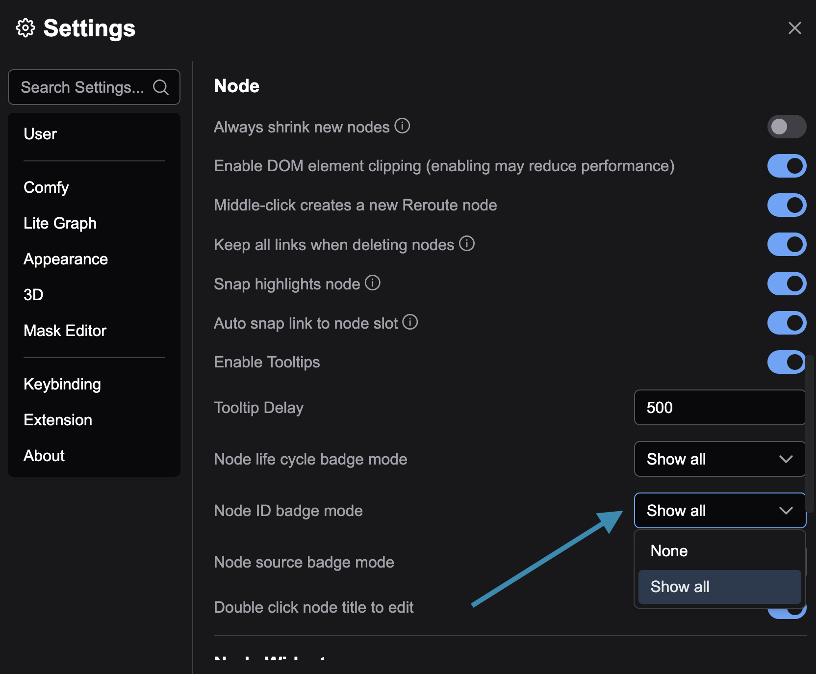 ComfyUI Setting Node ID badge mode