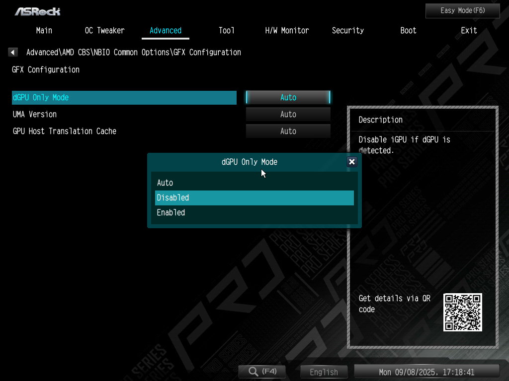 ASRock B850M Pro RS Bios Bios dGPU Only Mode
