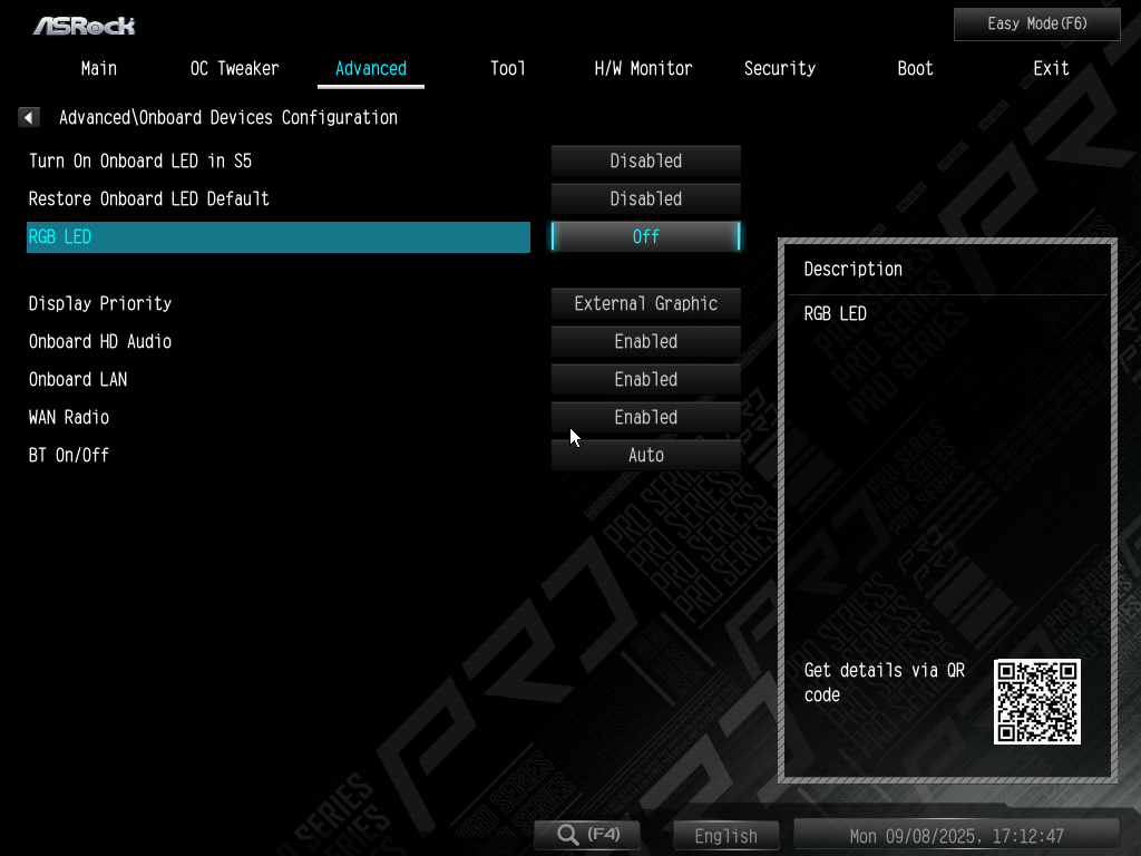 ASRock B850M Pro RS Bios Bios Disable Led
