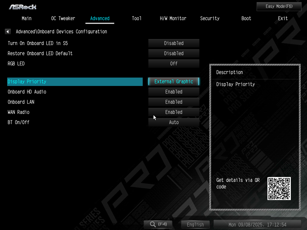 ASRock B850M Pro RS Bios Bios Display Priority
