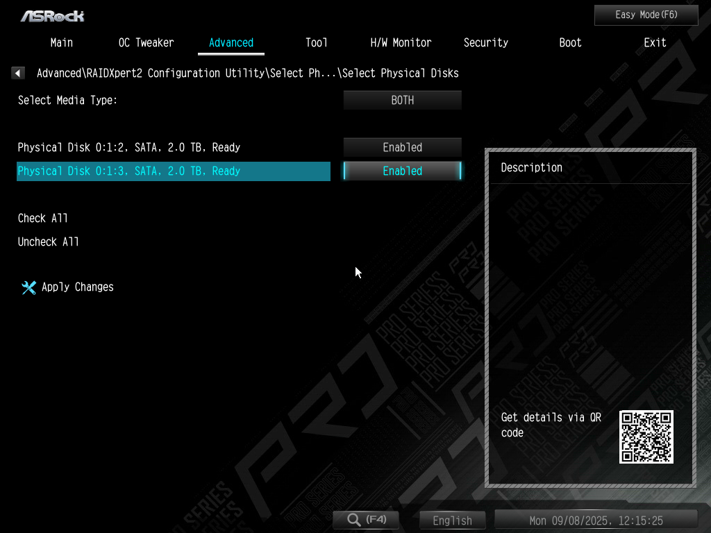 ASRock B850M Pro RS Bios Array Physical Disks